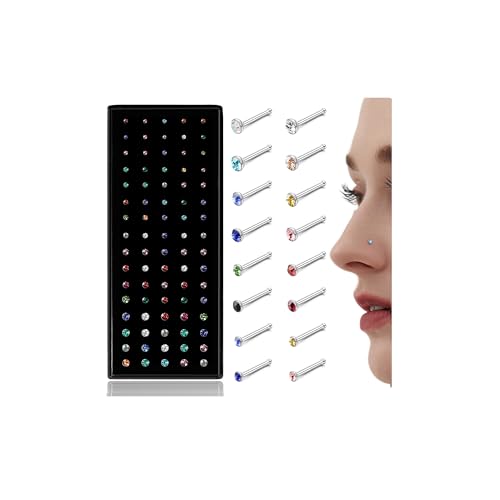 LOLIAS 80-160Pcs Surgical Steel Nose Rings Studs for Women Hypoallergenic | Straight or L Shaped Small Nose Studs Pin,Hypoallergenic 20G 22G Tiny Bone Nose Piercing Jewelry, 1.5/2/2.5/3 mm CZ Mix - color: 80Pcs 22G Straight（multicolor）