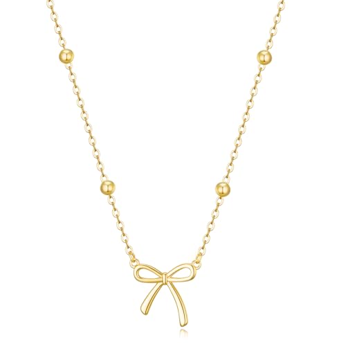 Thaivor Necklace for Women Dainty Bow Necklace 14K Gold Plated Cute Choker Small Pendant Charm Necklaces Teen Gift Trendy Stuff Personalized Jewelry Gifts - color: Gold-Bead-1
