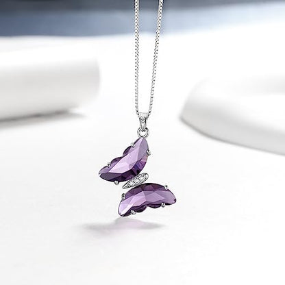 Aurora Tears Butterfly Necklace Earrings Ring Bracelet - Women 925 Sterling Silver Animal Butterflies Birthstone Pendant Crystal Wedding Birthday Jewelry - color: pendant-B.February-purple