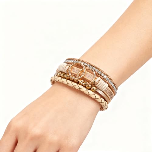 Leopard Bracelet for Women, Boho Leather Wrap Multi-Layer Pearl Crystal Bracelet Bangle Jewelry - color: Double Circle(Khaki)