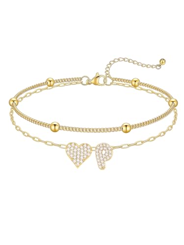 KeyStyle Heart Initial Ankle Bracelets for Women, Layered CZ A-Z Letter | 14K Gold Plated or Silver Stainless Steel Anklet, Hypoallergenic Waterproof Layered Jewelry for Daily Wear & Special Gifts - color: Gold-P