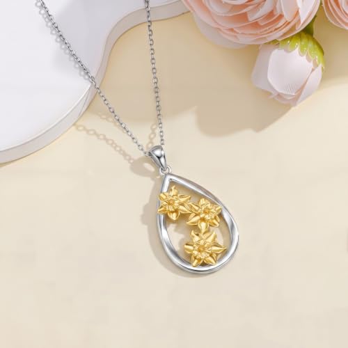 12 Month Birth Flower Necklace for Women 925 Sterling Silver Floral Teardrop Pendant Birthday Jewelry Gifts - color: 12. December Narcissus