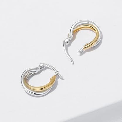 14K Gold Plated Two-Tone Oval Hoop Earrings for Women, Water Drop Design Lightweight Huggie Earrings,925 Sterling Silver Posts Double Drop Chunky Hoops Hypoallergenic Ear Buckles - color: Silver Gold