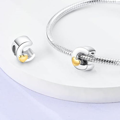 Two-Tone Gold Heart S925 Silver Letter Charm Fits Pandora Bracelet Necklace | Initial Bead Two-Tone Gold Heart, DIY European Bracelet Accessory, Gift for Ladies Birthday Anniversary Valentine - style: C