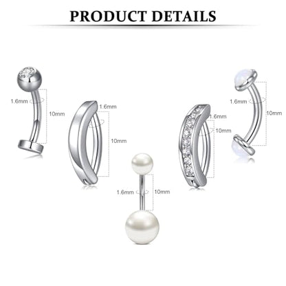 Belly Button Rings Stainless Steel 14G CZ Opal Navel Rings Barbells Women Girls Belly Piercing Jewelry - color: Silver Color-Clicker-Style F: 7PCS