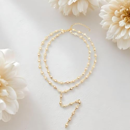 Colorful Crystal Long Necklace for Women Dainty Boho Y-Shaped Color Bead Necklaces Sparkly Rhinestone Pendant Layered Gold Long Chain Choker Good Luck Trend Jewelry Gift Jewelry - color: Double Layer Pearl Gold