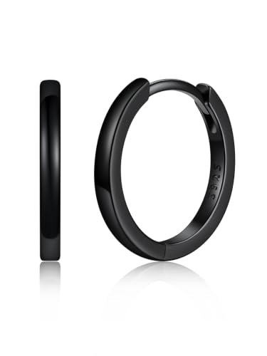 925 Sterling Silver Huggie Hoop Earrings, Small Silver Hoop Earrings for Women Hypoallergenic Huggie Lightweight Small Hoops Earring Cartilage Sleeper Earrings 6/8/10/12/14/16/18/20mm - color: Black, size: 14MM