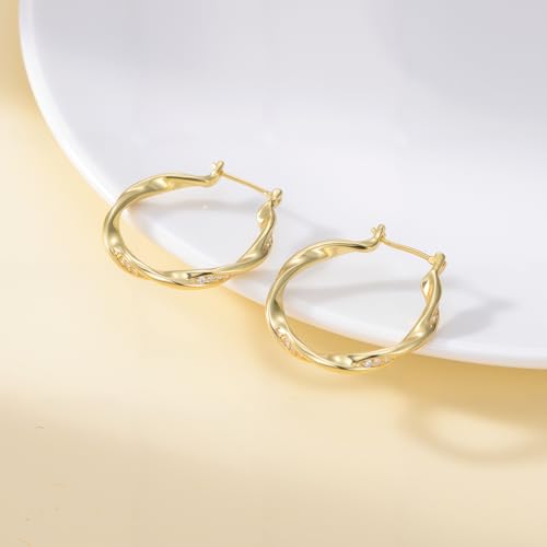 Hoop Earrings 14K Gold Plated Earrings for Women Thick Large Diamond Hoops Earring Twisted Wave Huggie Earring 30/40MM - size: 30MM