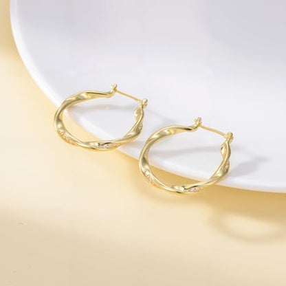 Hoop Earrings 14K Gold Plated Earrings for Women Thick Large Diamond Hoops Earring Twisted Wave Huggie Earring 30/40MM - size: 30MM