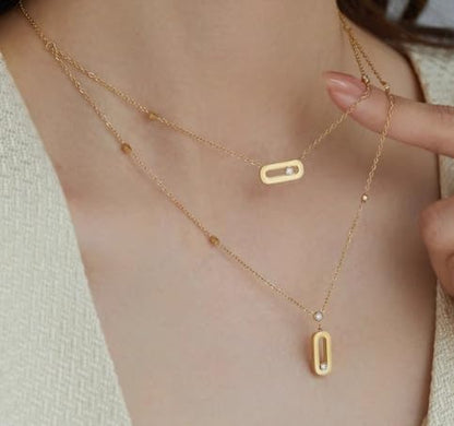 Diamond necklace for women, simple geometric single diamond double-layer, fashionable autumn and winter sweater chain, versatile clavicle - color: Gold