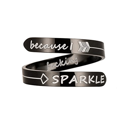 Opening Black Keep Going ring Stainless Steel Adjustable Never give up Jewelry Inspirational Opening Stacking Cute Hiphop Band - style: Because I f SPARKLE