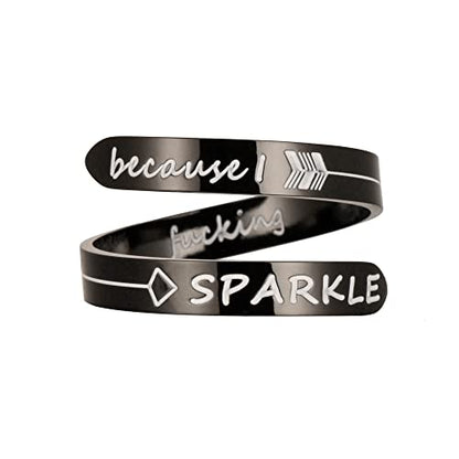Opening Black Keep Going ring Stainless Steel Adjustable Never give up Jewelry Inspirational Opening Stacking Cute Hiphop Band - style: Because I f SPARKLE
