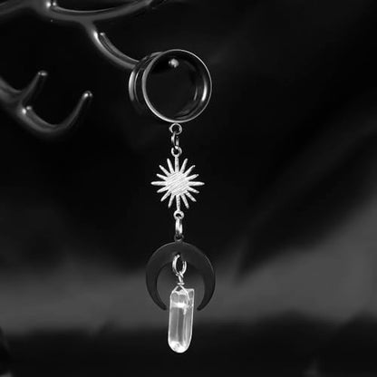 2PCS Moon-Pendant Natural Stone Stainless Steel Dangle Ear Plugs Tunnels Stretcher Piercing Body Jewelry - size: 6mm(2G)
