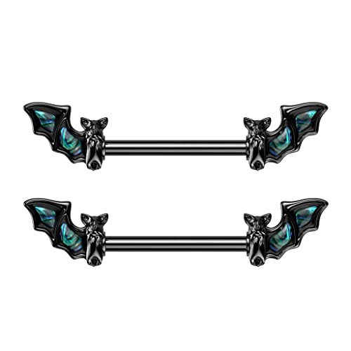 Pierced Owl 14GA Black PVD Plated 316L Stainless Steel Bat with Abalone Wings Nipple Barbells, Sold as a Pair