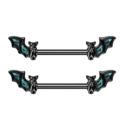 Pierced Owl 14GA Black PVD Plated 316L Stainless Steel Bat with Abalone Wings Nipple Barbells, Sold as a Pair