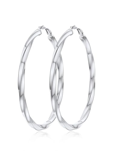 FindChic Twisted Hoop Earrings for Women, Silver/Black/14K Gold Plated Hypoallergenic Hollow Tube Rounded Loop Earrings, 30mm/40mm/60mm/80mm Hoops with Custom Name Options and Gift Box - color: b.Silver, size: 80MM