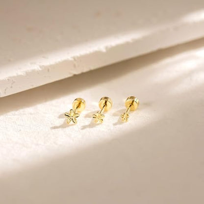 3 Pair Tiny Flat Back Earrings for Women - 14K Gold/White Gold Plated Dainty Cute Small Screw Flatback Stud Earring, Everyday Wear Gift - color: Flower Flat-4/5/6mm Gold