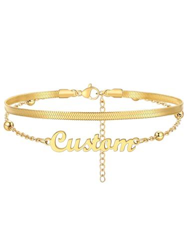 Custom4U Custom Name Anklet Bracelets for Women Waterproof Beaded/Figaro/Cuban/Rope/Wheat Chain Anklet Stackable Gold Plated Non Tarnish Custom Beach Gift Barefoot Summer Jewelry for Her - color: F01-Gold Herringbone Chain