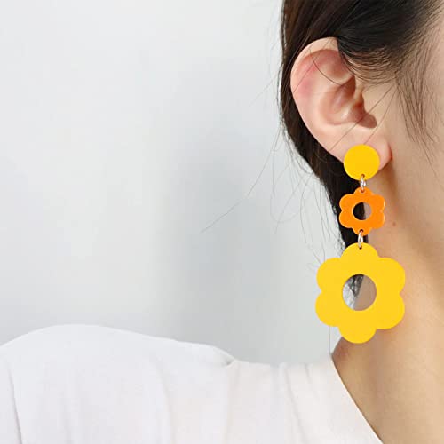 Handmade Acrylic Flower Earrings - Bohemian Double Daisy Drop Resin Flowers Dangle Earrings for Women Girls 70s 80s Party Accessories - color: orange+yellow
