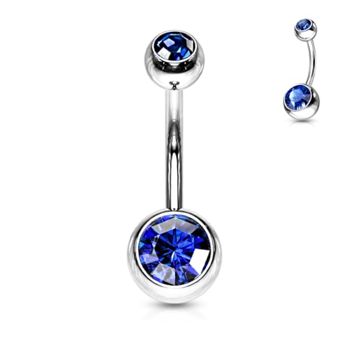 Belly Button Piercing Ring 14 Gauge Surgical Steel - color: Double BLUE CZ gem