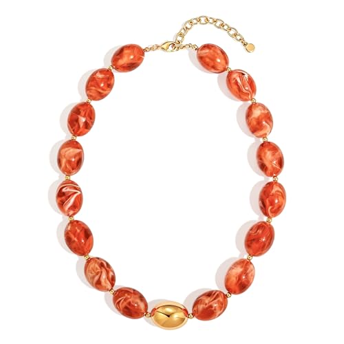 Chunky Beads Necklace for Women Trendy Gold Puffy Heart Choker Necklace Colorful Resin Beaded Heart Pendant Necklaces Statement Jewelry - color: Oval Beads-Orange