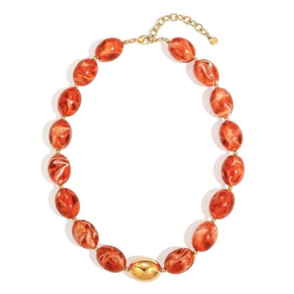 Chunky Beads Necklace for Women Trendy Gold Puffy Heart Choker Necklace Colorful Resin Beaded Heart Pendant Necklaces Statement Jewelry - color: Oval Beads-Orange