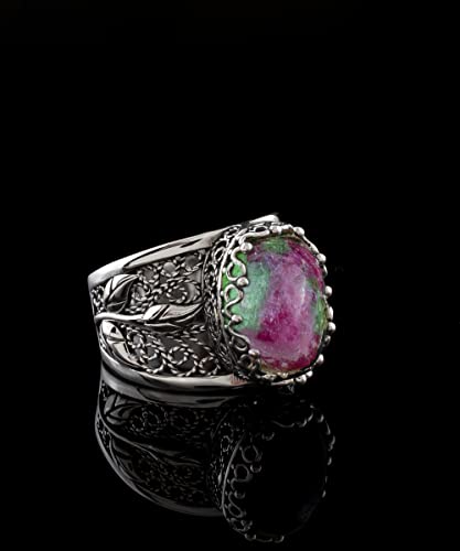 Filigranist 925 Sterling Silver Filigree Art Lace Embroidery Tulip Detailed Gemstone Women Cocktail Ring, Luxurious Gift Boxed - color: Ruby Zoisite