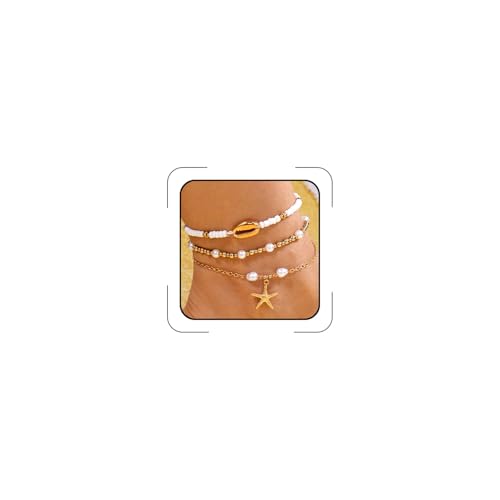 Beaded Starfish Mermaid Anklets Bracelet for Women Waterproof Starfish Shell Pearl Anklet Stackable Stretch Beaded Anklets Hawaiian Beach Jewelry Mermaid Costume Outfits Accessories - style: Beaded Starfish