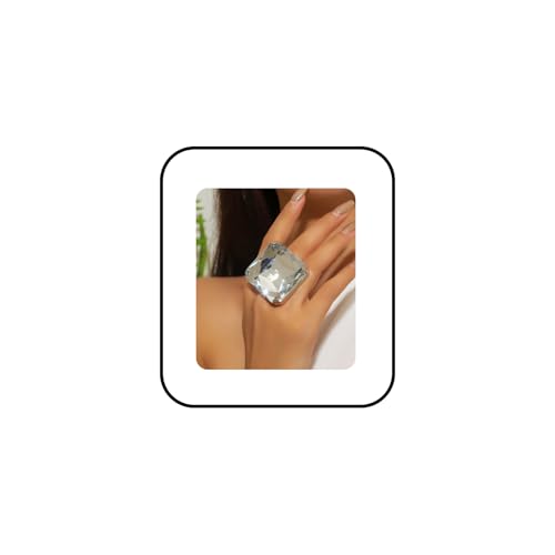 Chunky Crystal Glass Ring for Women Vintage Color Rhinestone Ring Statement Geometry Exaggerated Gemstone Rings Adjustable Fashion Wedding Brides Cocktail Prom Party Jewelry - color: White