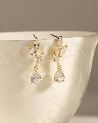 14K Gold Plated/Sterling Silver CZ Pearl Drop Dangle Earrings for Women - color: Gold-Flower Drop CZ