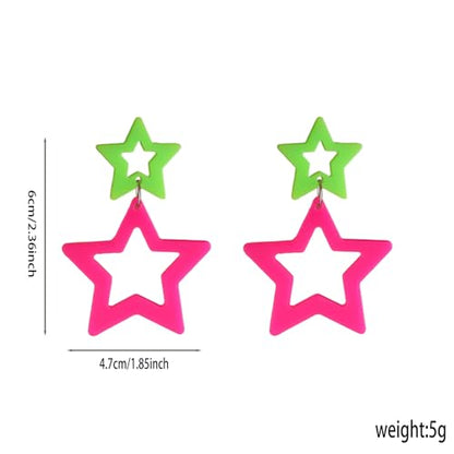 Colorful 80s 90s Neon Star Earrings for Women Retro Glow Party Costume 80s 90s Acrylic Dangle Earrings Outfit - style: Symmetrical Green and Hot Pink