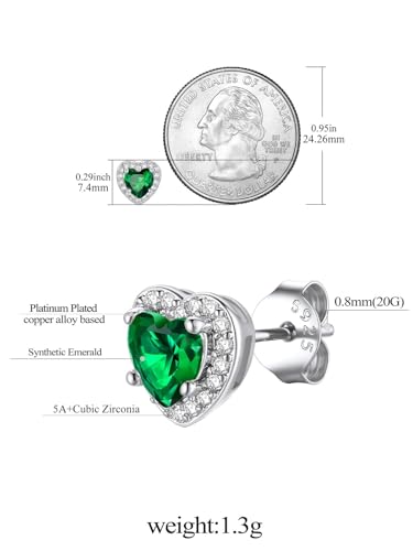 FindChic Birthstone Earrings for Women, Round/Heart/Square/Teardrop Earrings with 925 Sterling Silver Posts & Push Backs, Hypoallergenic Studs with Cubic Zirconia, 12 Months Jewelry with Gift Box - style: 05. May-Emerald (Heart-Silver)