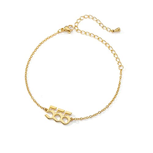 PAMTIER Angel Number Ankle Bracelet for Women Adjustable Chain | Stainless Steel, Dainty Simple Numerology Jewelry Gift - color: 5.5+2.8inch, Gold 555