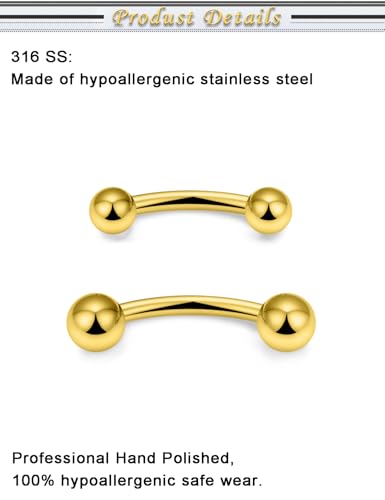 Snake Eyes Piercing Jewelry Tongue Surgical Steel Frog Eyes Tongue Rings 16G 14G Eyebrow Piercing Curbed Barbell Vertical Labret Lip Jewelry Bridge Piercings for Women Men 10mm/12mm/14mm/16mm - color: 14g,goldtone
