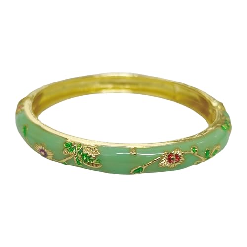 Cloisonne Bracelet For Women, Chunky Bangle Trendy Cute Flower Enamel Bangles Multi Tone Engraved Cuff Gold Plated Bracelets Stackable Wife Jewelry Friendship Gift - color: Light Green