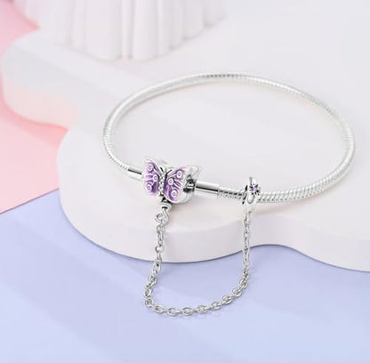 MULA 925 Sterling Silver Snake Chain Charm Bracelet Butterfly Heart Clover with 5A Cubic Zirconia Bracelets for Women - color: Purple Butterfly