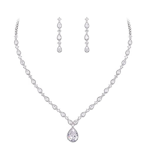 EVER FAITH Pear Shaped Cubic Zirconia Bridal Wedding Jewelry Set for Women | Gorgeous Water Drop Bride Necklace Dangle Earrings, for Bride Bridesmaid - color: White -18.3 inches