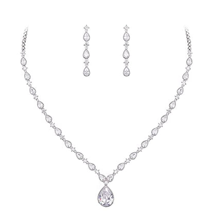 EVER FAITH Pear Shaped Cubic Zirconia Bridal Wedding Jewelry Set for Women | Gorgeous Water Drop Bride Necklace Dangle Earrings, for Bride Bridesmaid - color: White -18.3 inches
