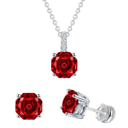 Rose Cut Silver Solitaire Necklace and Earring Set for Women, Jewelry Gift | Rose Cut, Cubic Zirconia, Necklace and Stud Earrings Set, Jewelry Set, Minimalist - color: Garnet Red