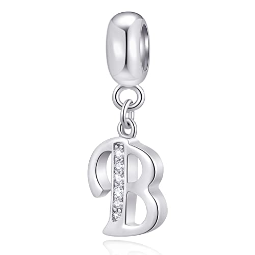 26 Letter Pendant Charms, Polished 925 Sterling Silver Complete Initial A-Z Dangling CZ Stone Alphabet Beads, fits European Bracelet Necklace, Gift for Mother/Father/Daughter/Son/Sister/Aunt - color: Letter B CZ Pendant Charm