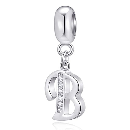 26 Letter Pendant Charms, Polished 925 Sterling Silver Complete Initial A-Z Dangling CZ Stone Alphabet Beads, fits European Bracelet Necklace, Gift for Mother/Father/Daughter/Son/Sister/Aunt - color: Letter B CZ Pendant Charm