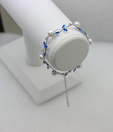 Faship Genuine Freshwater Pearls Floral Necklace Earrings Set | Premium CZ Crystal, Gorgeous, Sparkling - color: Blue / Matching Bracelet