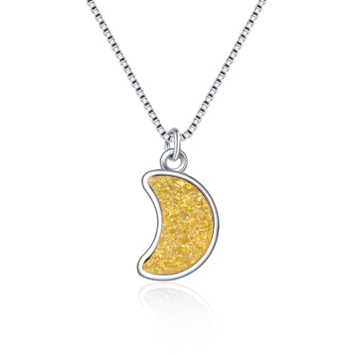 Adabele Natural Druzy Necklace Small Tiny Moon Gemstone Pendant 18 inch Sparkly Agate Stone Crystal Women Jewelry Tarnish Resistant Stainless Steel/Gold Plated Chain - color: Golden champagne druzy - stainless steel
