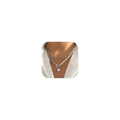 HUASAI Boho Necklaces for Women Dainty Layered Choker Necklace Bohemian Turquoise Necklace Statement Jewelry Western Cowgirl Country Concert Outfits Accessories - color: B Silver Paperclip Chain Pearl Necklace
