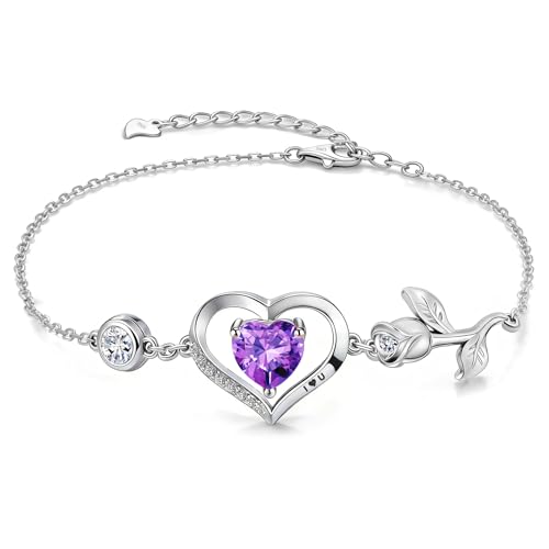 1CT Rose Heart Birthstone Bracelet for Women Love Gift - style: 02-Feb Dark Purple Silver