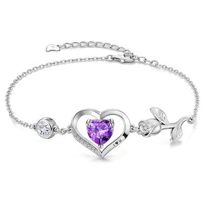 1CT Rose Heart Birthstone Bracelet for Women Love Gift - style: 02-Feb Dark Purple Silver