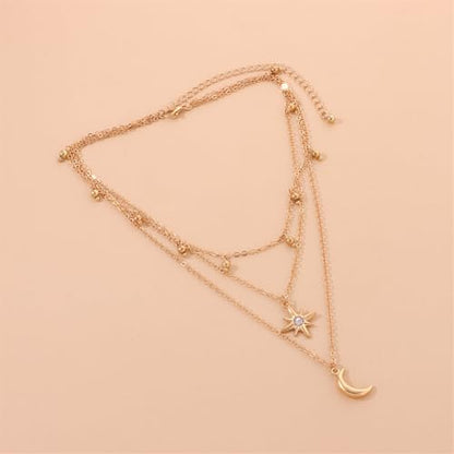 Layered Moon Star Crystal Necklace Gold Silver Plated Boho Charm Crescent Lucky Stars Small Bell Tassel Sparkly Rhinestone Cubic Zirconia Chain Necklace for Women Christmas Birthday Trendy Jewelry Gifts - color: Gold necklace