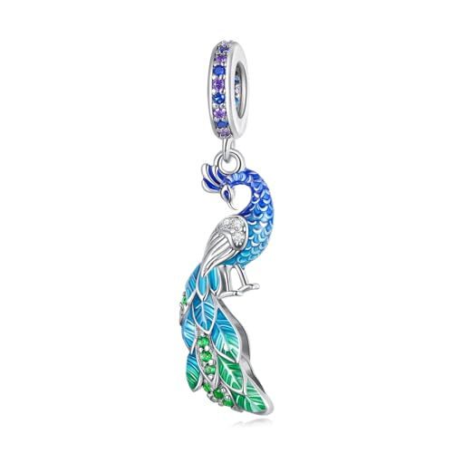 BISAER 925 Sterling Silver Charms for Bracelets Cat Dog Sloth Animal Beads Butterfly Fairy Heart Dangle Pendant Charms - color: Peacock