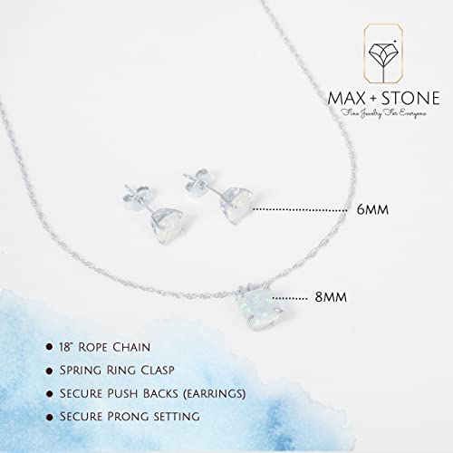 MAX + STONE 14k Gold Plated or Sterling Silver Cushion Cut Gemstone Stud Earrings and Pendant Necklace for Women with 6mm and 8mm Birthstones 18 Inch Chain and Push Backs Jewelry Set - style: Sterling Silver|Created White Sapphire