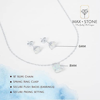 MAX + STONE 14k Gold Plated or Sterling Silver Cushion Cut Gemstone Stud Earrings and Pendant Necklace for Women with 6mm and 8mm Birthstones 18 Inch Chain and Push Backs Jewelry Set - style: Sterling Silver|Created White Sapphire
